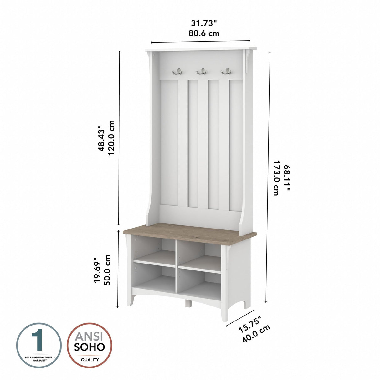 Bush Furniture Salinas Hall Tree Entryway Small Bench with Adjustable Shelves | Coat Rack with 3 Hanging Hooks and Shoe Storage, Pure White and Shiplap Gray Bush Business Furniture