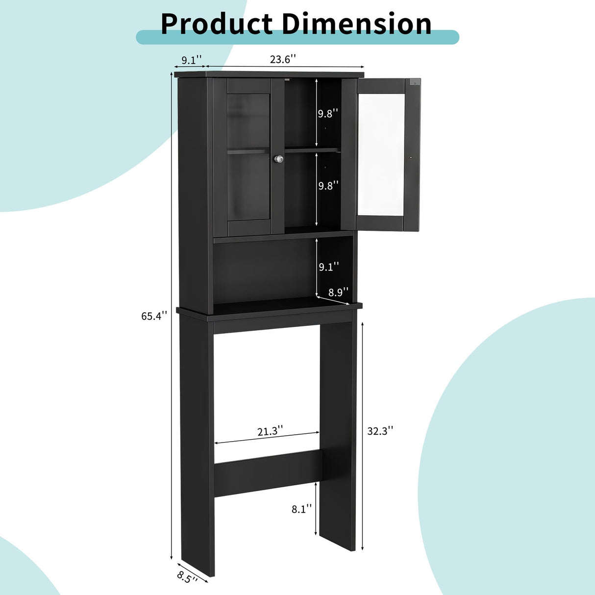 Shintenchi Over The Toilet Storage Cabinet, Bathroom Shelf Organizer with Anti-Tip Device Small Freestanding Space Saver with Adjustable Shelf and Glass Door, Black Shintenchi