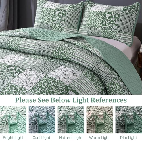 Mybedsoul Sage Green Boho King Quilt Set, 3-Piece Reversible Soft Plaid Floral Bedding Set with 2 Pillow Shams - Sage Green King Size Quilt Bedspread Coverlet Set 90"x104" Mybedsoul