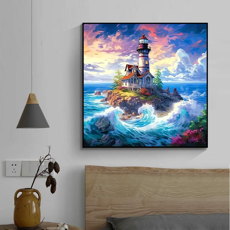 5D Diamond Art Kits for Adults Beginners Ocean Beacon,Sea Tower DIY Full Round Drill Diamond Painting Kits,Lighthouse Paint by Diamonds Dots Gem Art Easy,Home Wall Decor 14X14 Inch Acelii
