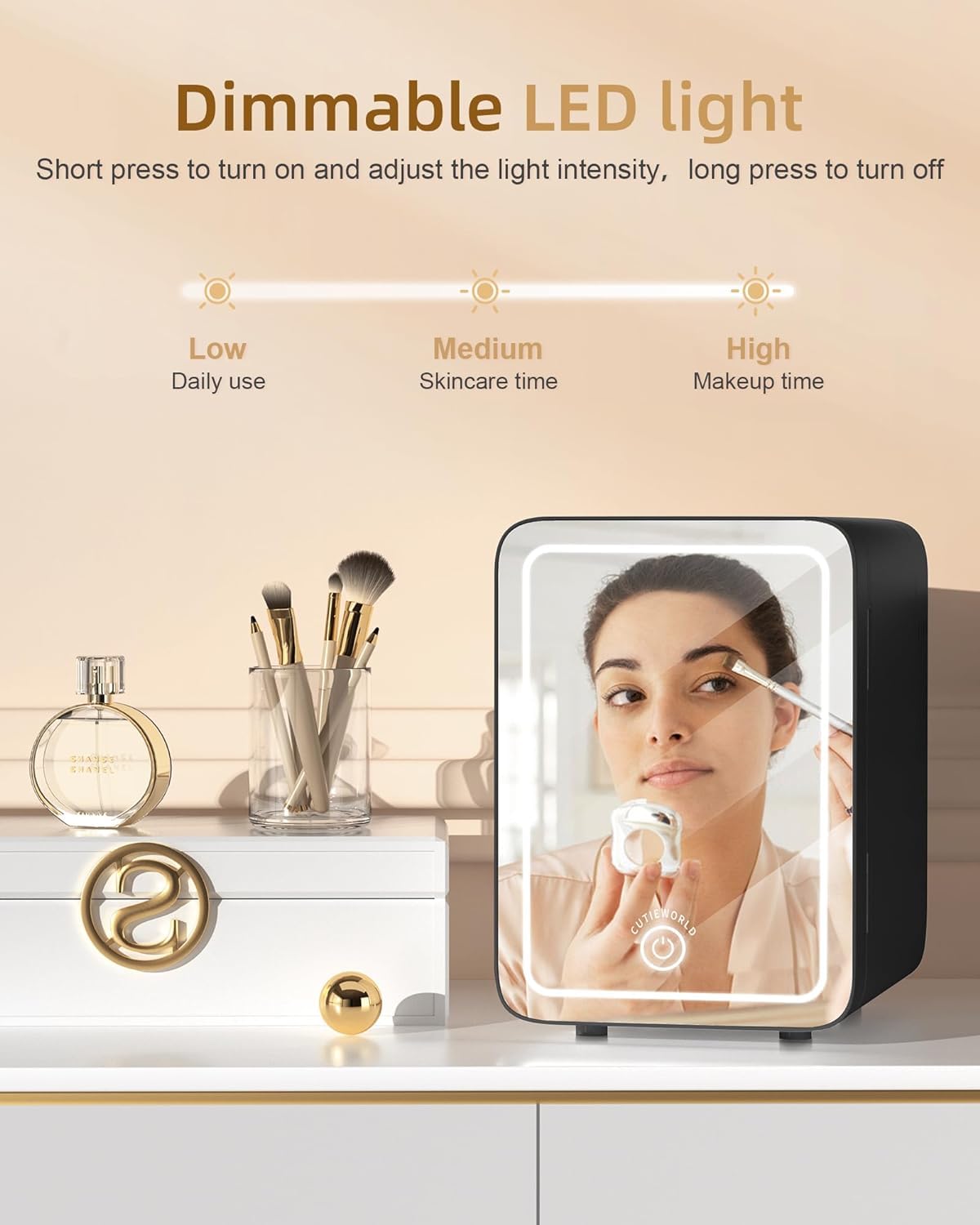 CUTIEWORLD Makeup Fridge With Dimmable LED Light Mirror, 4L Mini Fridge for Bedroom, Car, Office & Dorm, Cooler & Warmer, Portable Small Refrigerator for Cosmetics, Skin Care and Food, Black CUTIEWORLD