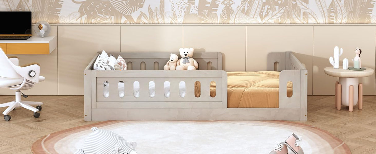 Harper & Bright Designs Wood Twin Size Platform Bed with Guardrail, Natural(Expected Arrival Time: 10.28) Harper & Bright Designs