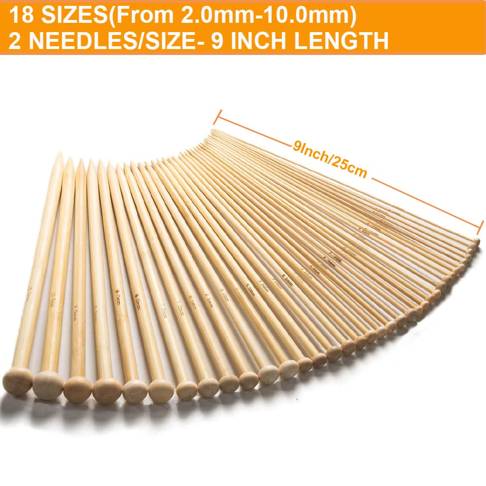36PCS Bamboo Knitting Needles Set, BetyBedy Single Pointed Knitting Needles, 9 Inches Length Knitting Crochet Supplies for Beginners Handmade (18 Sizes from 2.0mm-10.0mm) BetyBedy