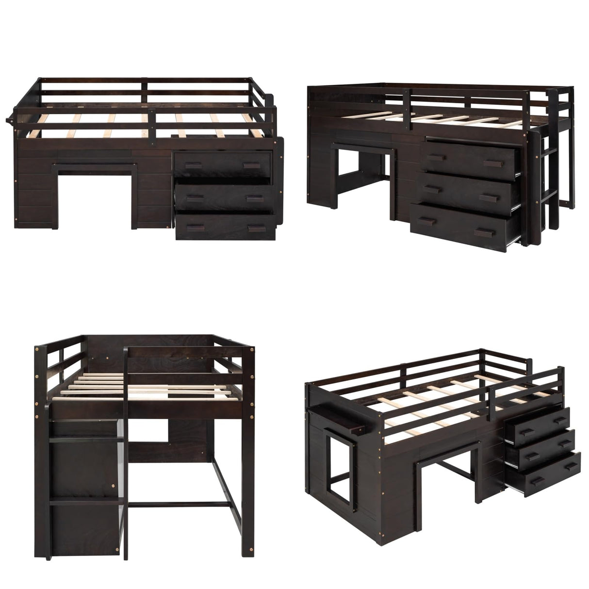 Merax Twin Size Loft Bed, Wood Bedframe for Kids Teens Adults Bedroom with Cabinet, Shelf, Stairs, Espresso Merax