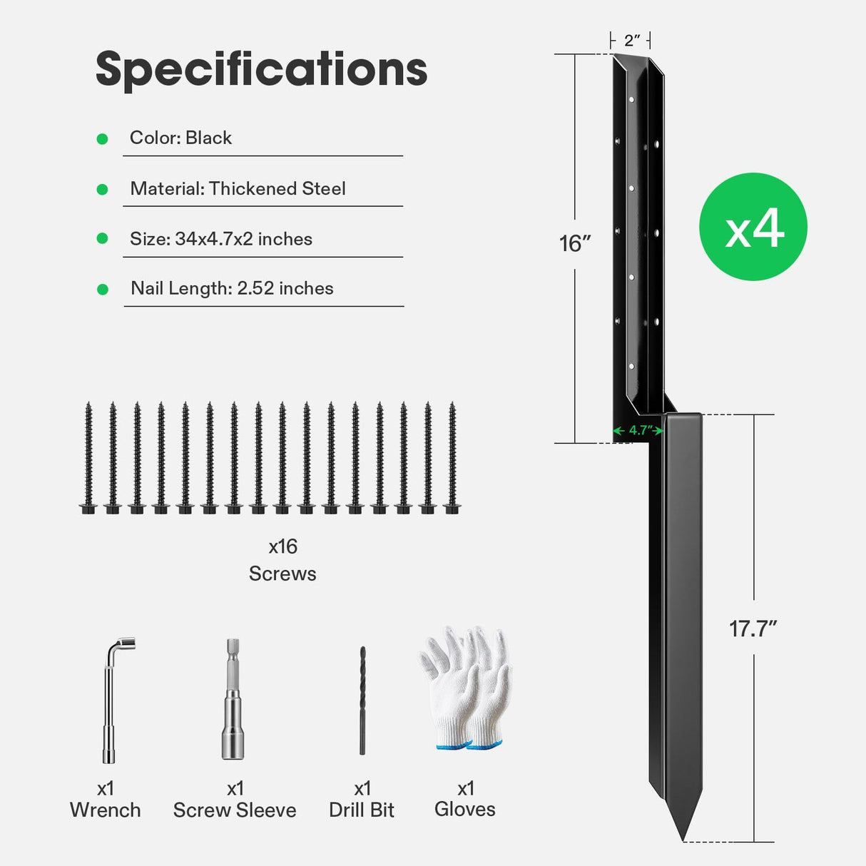 VIVOSUN Fence Post Repair Kit, Heavy-Duty Ground Spike with Gloves for Repairing Tilted or Broken Wood Posts (4 Pack, Black) VIVOSUN