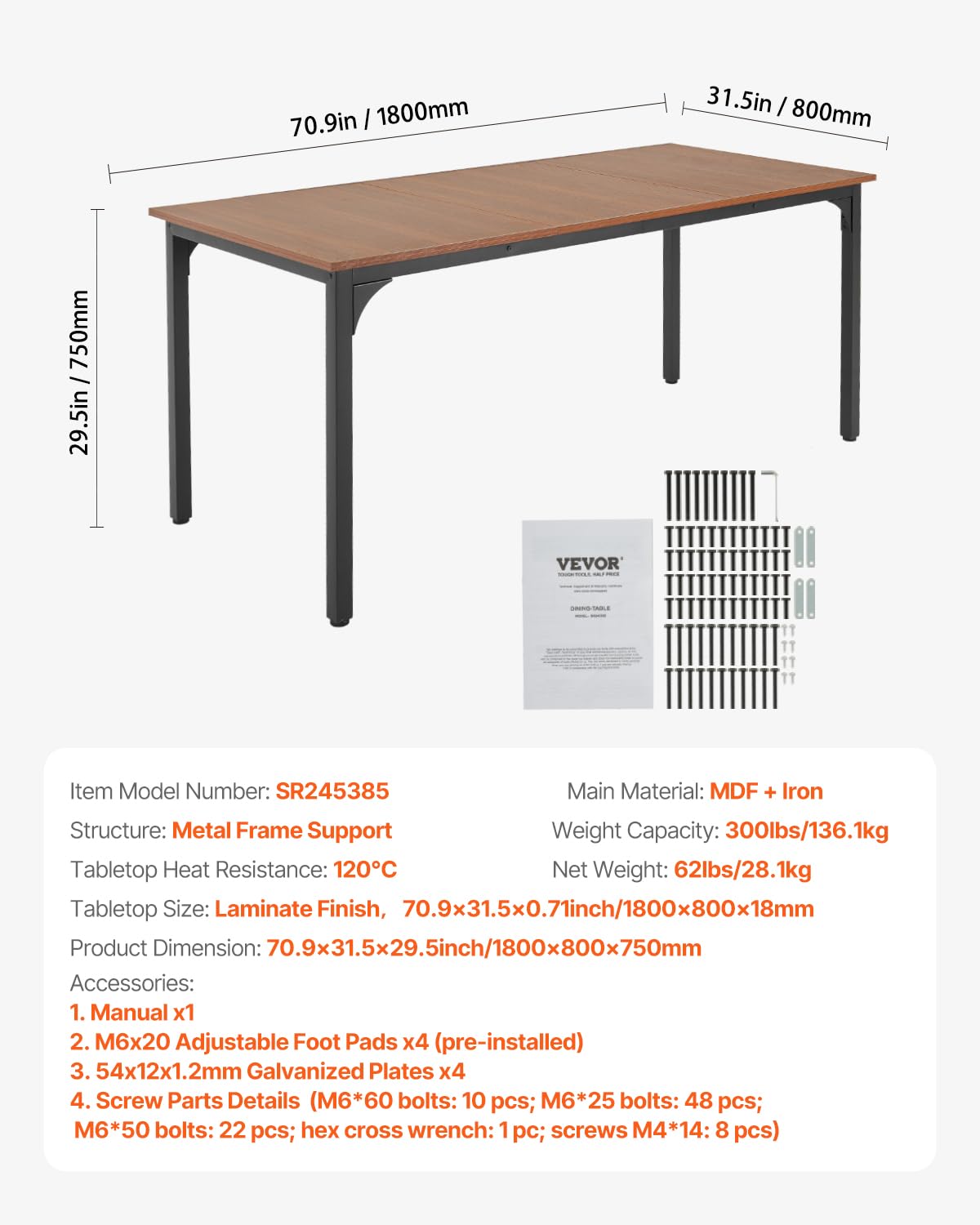 VEVOR Rectangle Dining Table, 71 inch Length Large Wood Tables for 6-8 Person, Farmhouse Dinner Furniture, Rustic Conference Desk with Iron Legs, for Home Kitchen Living Room, Brown(Only Table) VEVOR