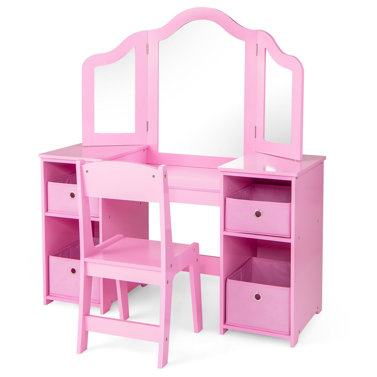 Costzon Kids Vanity, 2 in 1 Princess Makeup Desk & Chair Set with Tri-Folding Mirror, 4 Storage Bins, Wooden Toddler Vanity Dressing Table, Pretend Play Vanity Set for Little Girls (Pink) Costzon