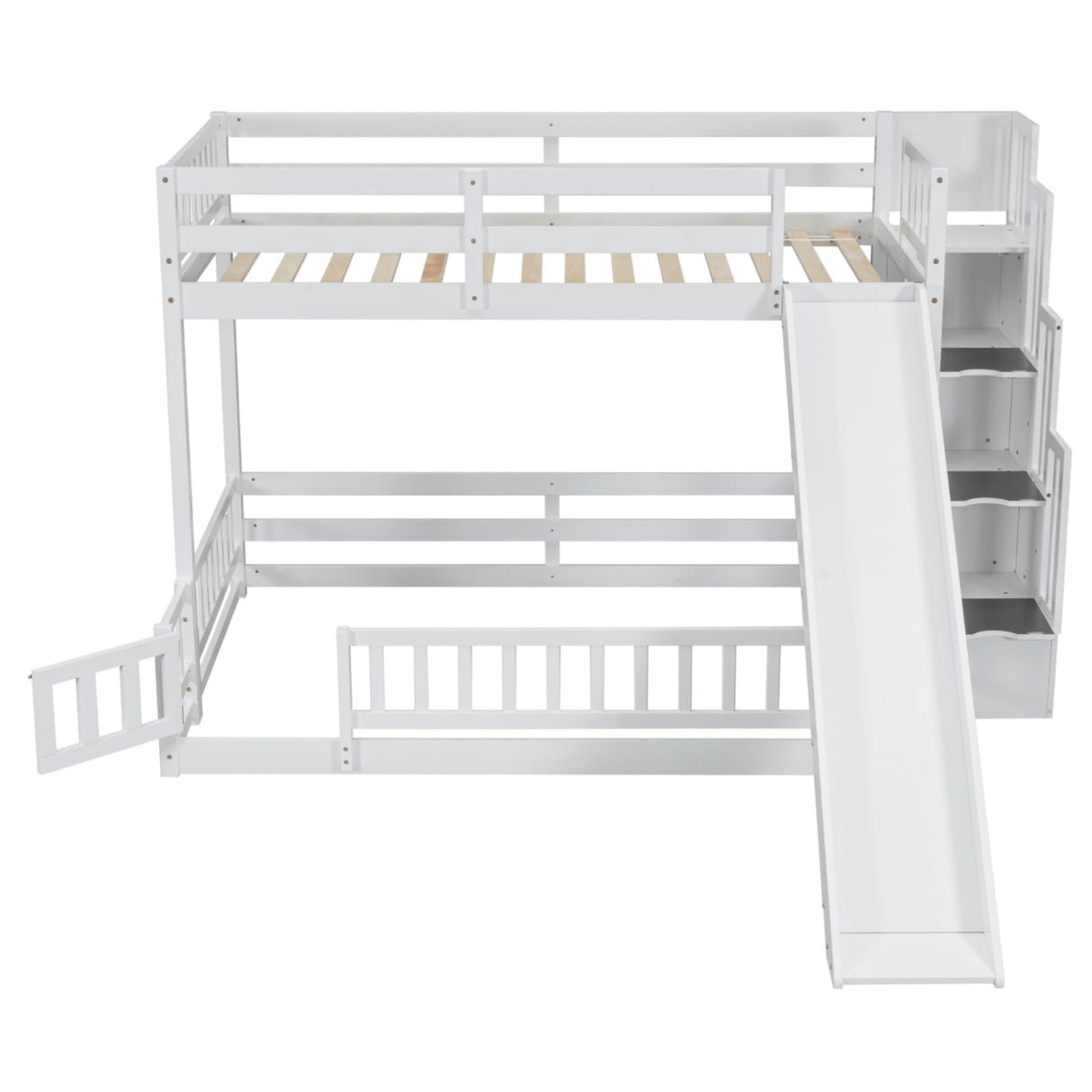jurmiture Bunk Beds Twin Over Full Size, Pine Solid Wooden Bunk Bed with Slide, Storage Staircase, Safety Guardrails for Kids, White jurmiture