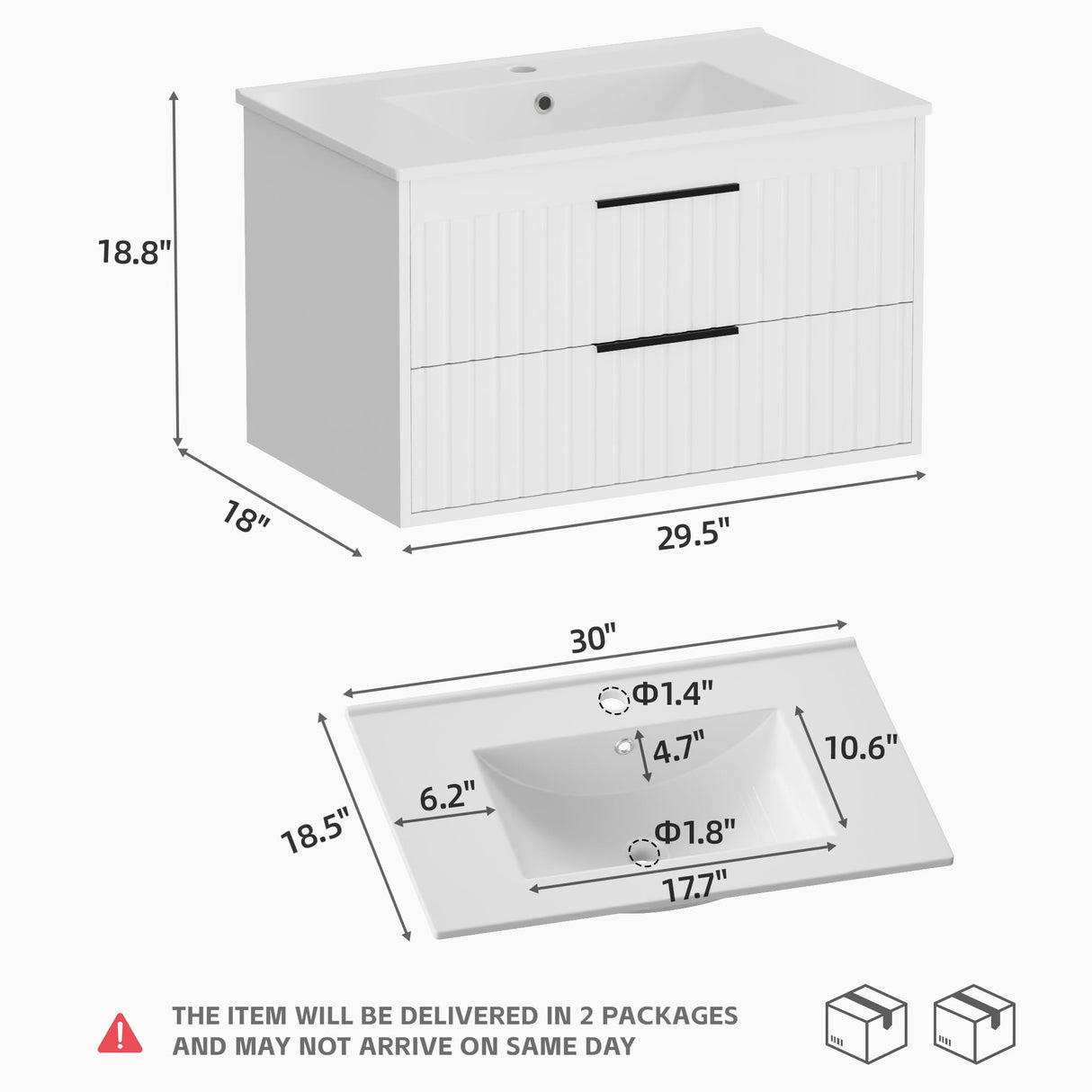Buytime 30" Bathroom Vanity with Sink, Floating Vanity Bathroom Sink Cabinet Wall Mount, Soft-Close Function 2 Large Drawers, Grooved Stripe Design, Hidden Damping Drawers, White Buytime