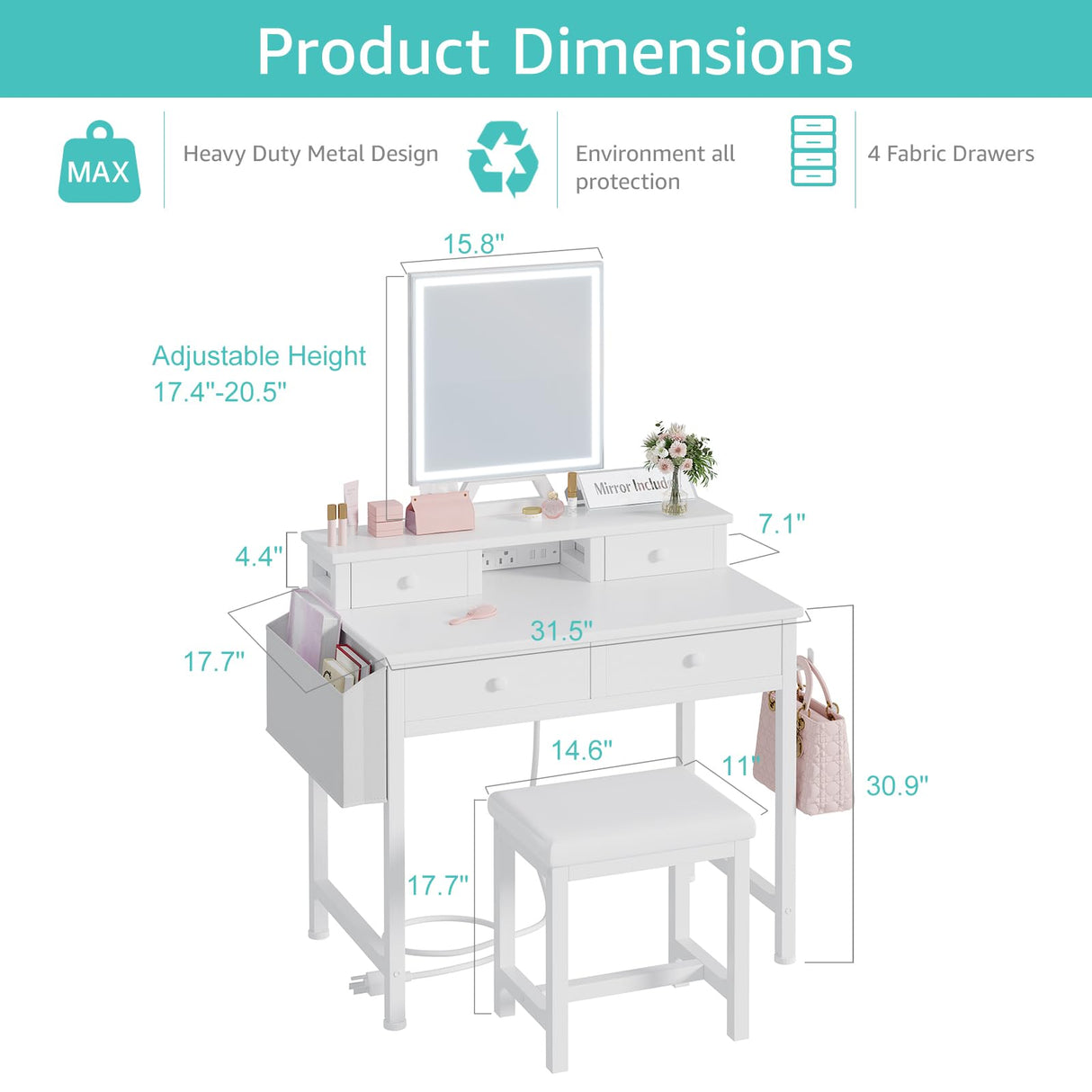 KAI-ROAD White Makeup Vanity Desk with Mirror and Lights, Vanity Set with Chair, Make Up Dresser Table with Drawers and Power Outlet for Girls Bedroom Small Space KAI-ROAD