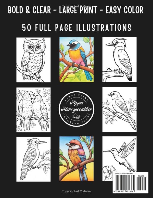 50 BIRDS Large Print Coloring Book: Bold Lines and Easy to Color Pretty Bird Illustrations - Garden Birds, Owls, Hawks, Waterfowl, Parrots and More... Majosta