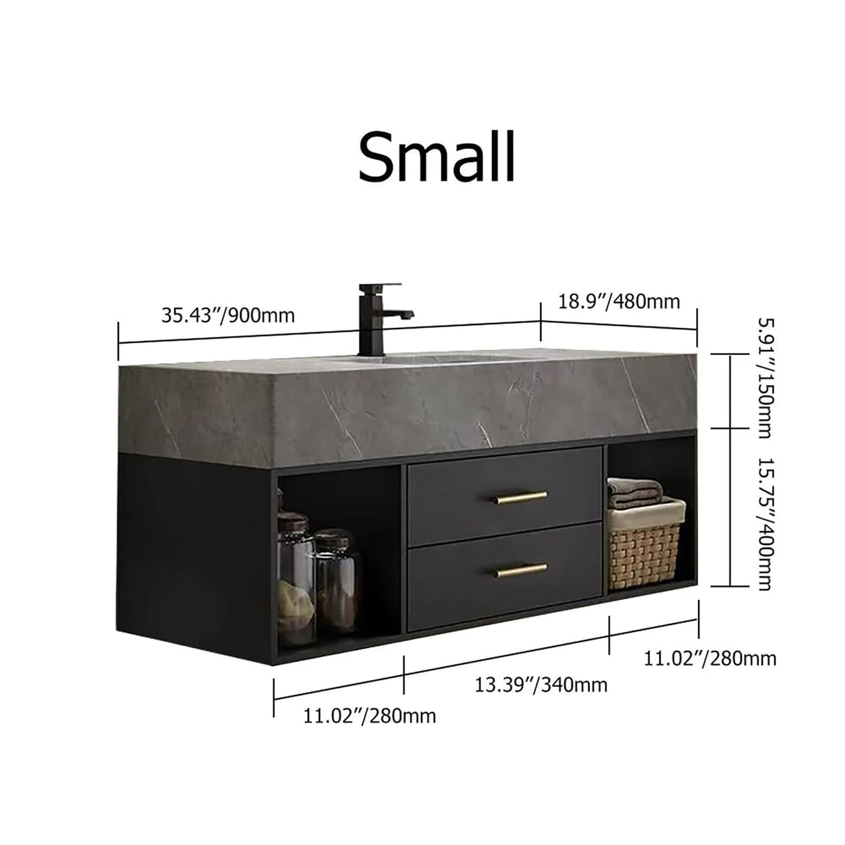 Weibath 35'' Floating Bathroom Vanity with Sintered Stone Sink 2 Drawers (Black, 35.4" W x 18.9" D x 21.64" H) Weibath