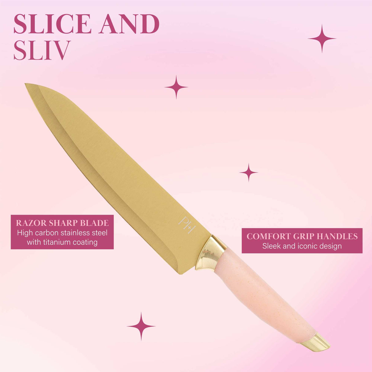 Paris Hilton Reversible Bamboo Cutting Board and Cutlery Set with Matching High Carbon Stainless Steel Knives, Blade Guards, Sleek Yet Comfortable Handle Grips, 7-Piece Set Gold, Pink Paris Hilton