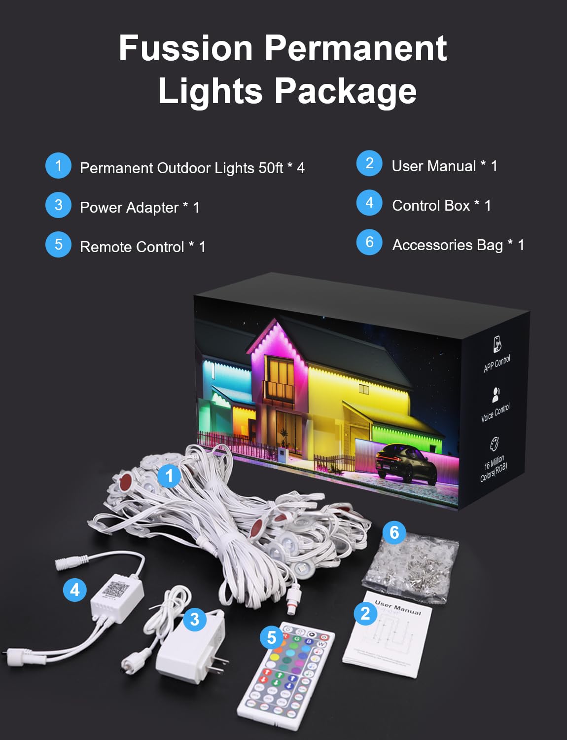 Fussion 200ft Permanent Outdoor Lights for House, 2025 Smart RGB LED Outside Lights with APP Remote Control, IP67 Waterproof Eternity Eaves Lighting for Christmas, Halloween, Holiday, Party, Daily Fussion