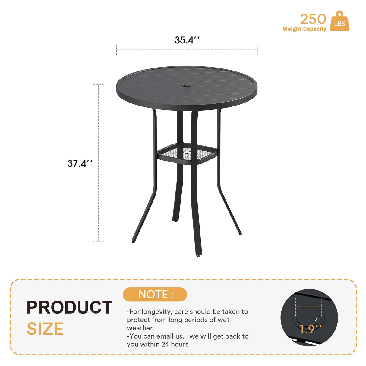 VICLLAX 35.5" Round Outdoor Bar Table, Bar Height Patio Table with Adjustable Umbrella Hole for Balcony, Black VICLLAX