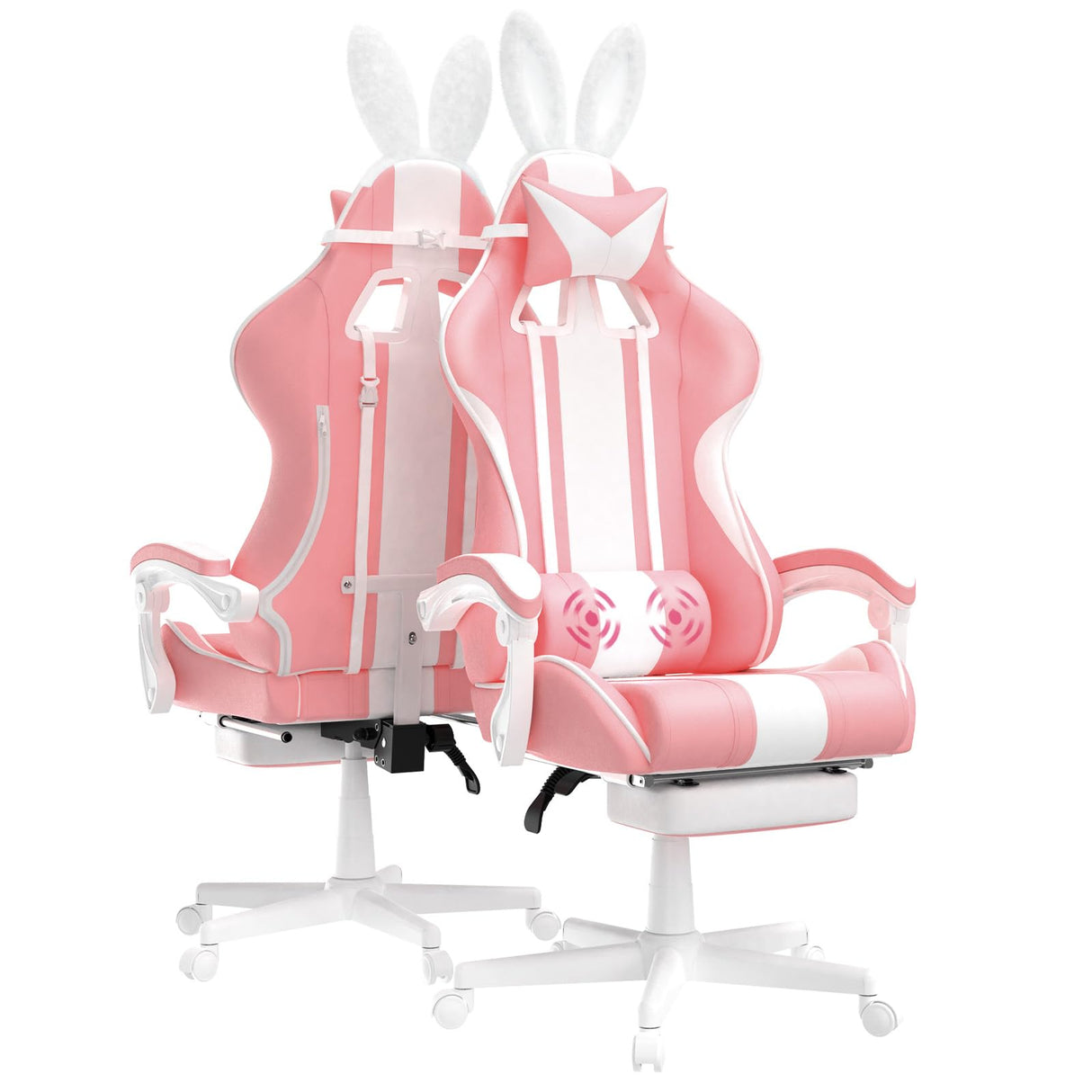 Ferghana Kawaii Pink Gaming Chair with Bunny Ears, Ergonomic Cute Gamer Chair with Footrest and Massage, Racing Reclining Leather Office Computer Game Chair 250lbs for Girls Adults Teens Kids Ferghana