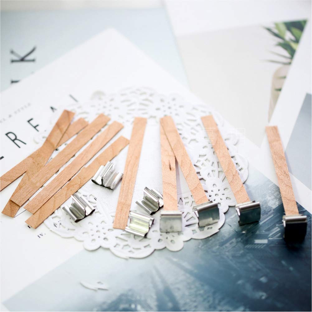 100 pcs Wooden Candle Wicks kit, Include 50 Pcs 5.1 X 0.5 Inch Candle Making Wicks and 50 Pcs Iron Stand Naturally Smokeless Wooden Candle Wicks Candle Cores for DIY Candle Making Pengxiaomei