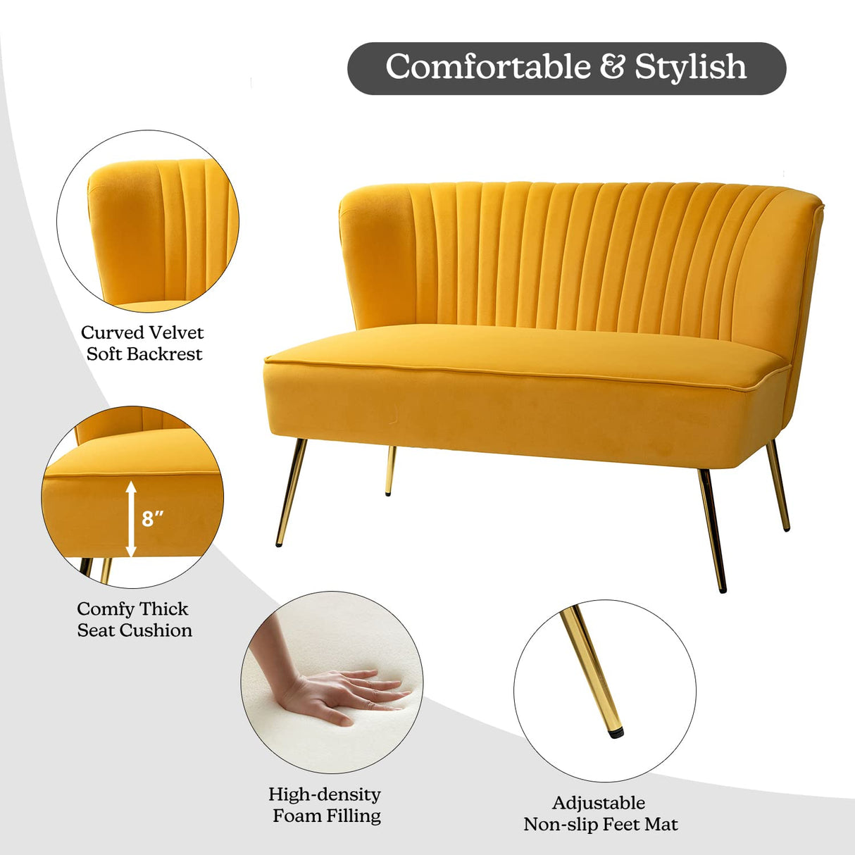 Tina's Home Mid-Century Velvet Loveseat Sofa, Upholstered Loveseat Couch with Golden Metal Legs, Small Tufted 2-Seat Sofa Armless Love Seat for Living Room, Bedroom, Apartment Small Spaces, Mustard TINA'S HOME