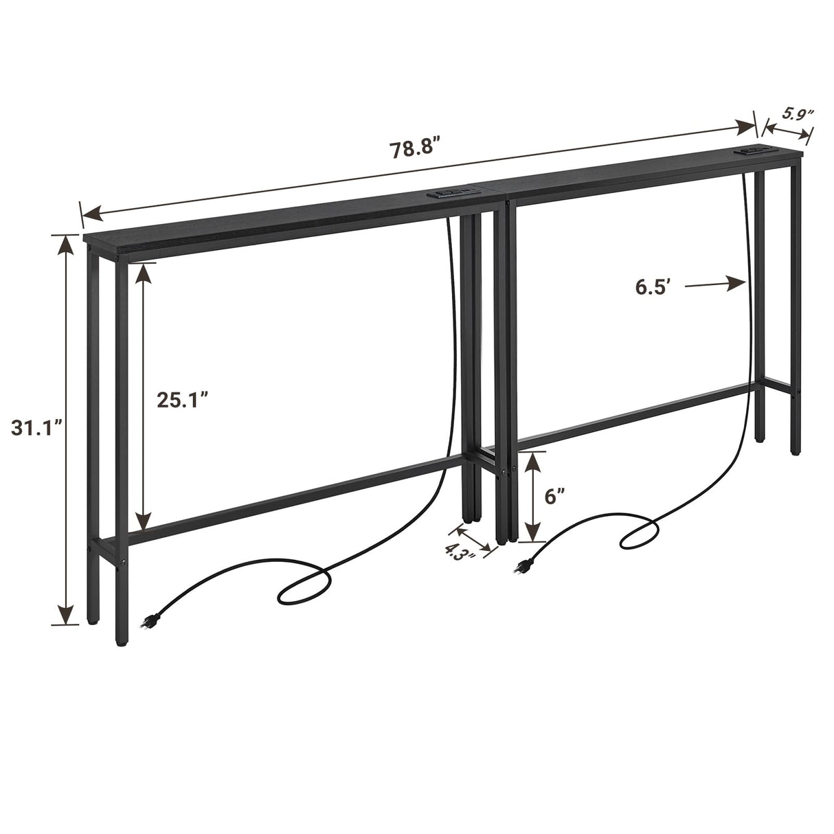 ELYKEN 2 Pack 5.9" Narrow Console Sofa Table with Power Outlets, 5.9" Dx39.4 Wx31.1 H Long Black Behind Couch Table with Metal Frame and Charge Station with 6.5’ Extension Cord ELYKEN
