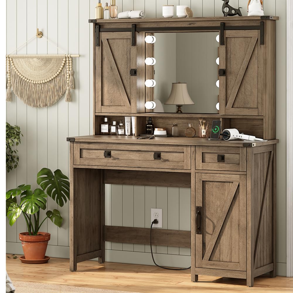 AOGLLATI Makeup Vanity with Lights & Barn Doors, Vanity Desk with Mirror and Lights & Charging Station, Farmhouse Brown Vanity Table with Jewelry Hooks and Open Storage Shelves AOGLLATI