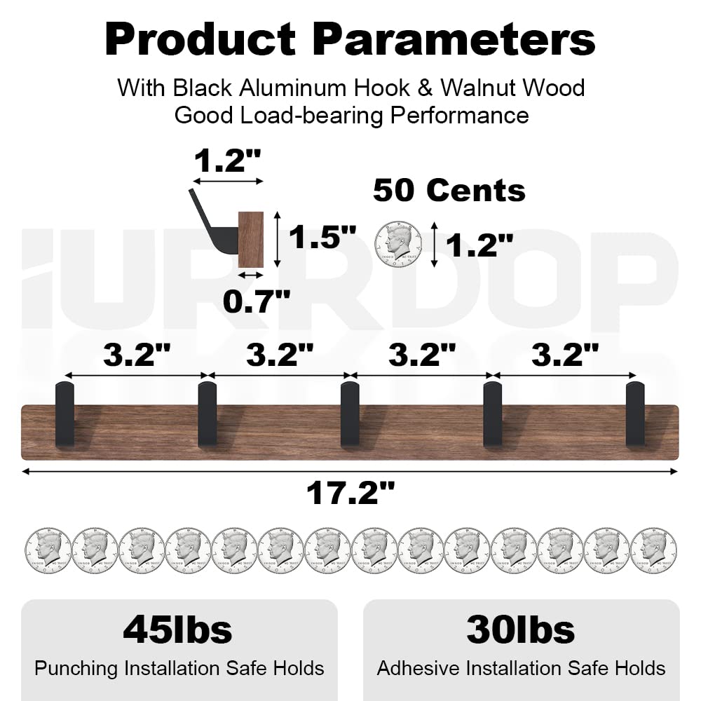 IURRDOP Black Walnut Wood Wall Mount Coat Rack with 5 Hooks, Adhesive Mounted Rustic Decorative Entryway Hooks, Mid Century Modern Natural Wooden Pegs for Hanging Coat Clothes Hat Bag Purse and Towel IURRDOP