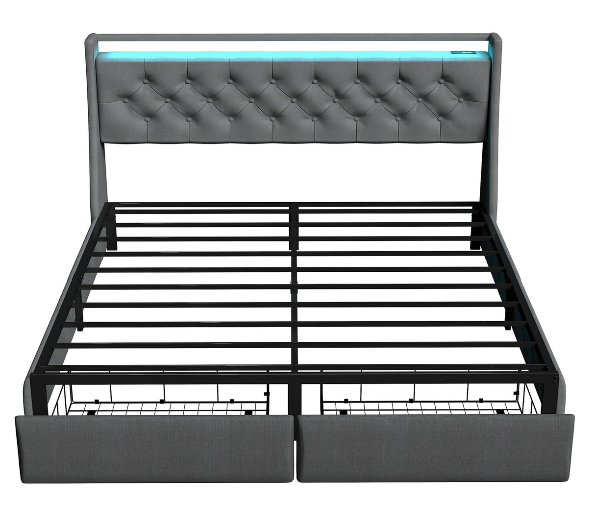 SADENICEL Full Size Bed Frame with Storage Headboard and 2 Drawer, Metal Full Bed Frame Platform with LED Light, Charging Station, No Box Spring Needed, Noise Free, Easy Assembly, Grey SADENICEL
