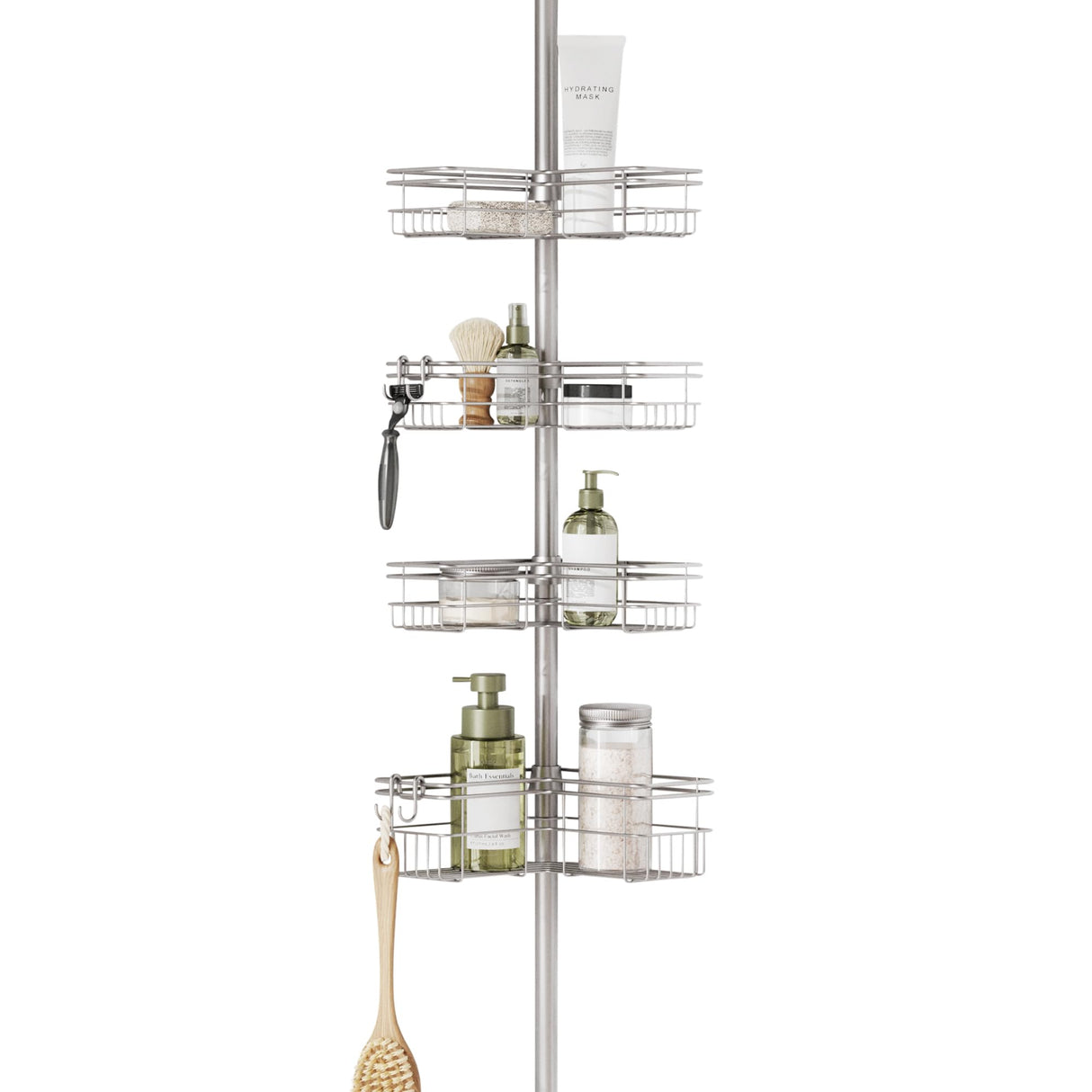 Zenna Home Tension Pole Shower Caddy Corner Organizer, Adjustable Standing Shower Caddy with 4 L-shaped Baskets and Hooks, Rust Resistant Bathroom Tension Rod Organizer, 60 to 97 Inch, Satin Nickel Zenna Home