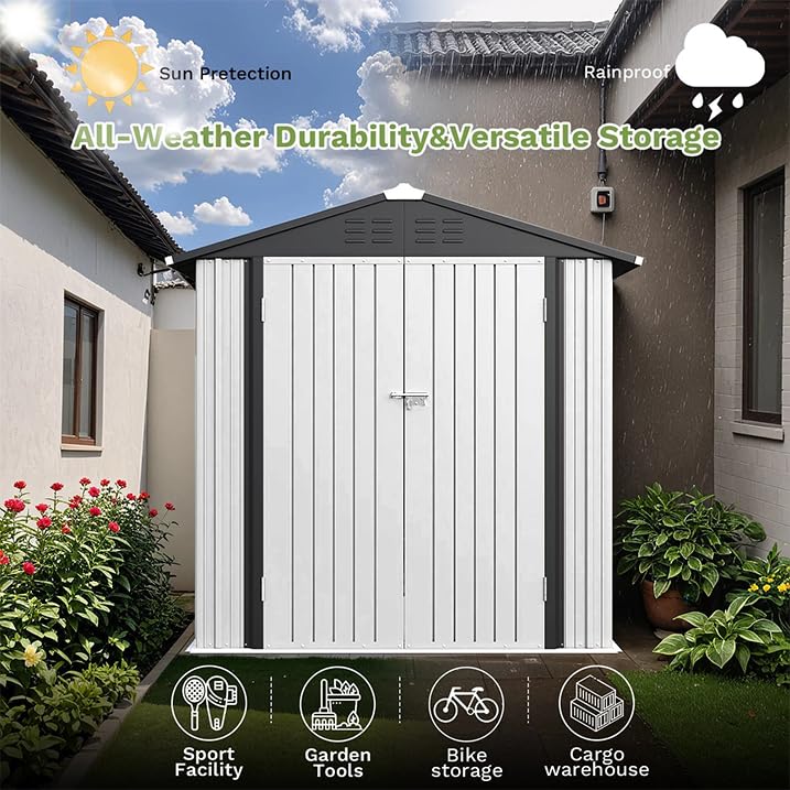 Greesum 6×4FT Outdoor Storage Shed, Metal Patio Storaged Sheds with Lockable Doors, Sheds & Outdoor Storage for Bike, Backyard, Pool and Garden, White Greesum