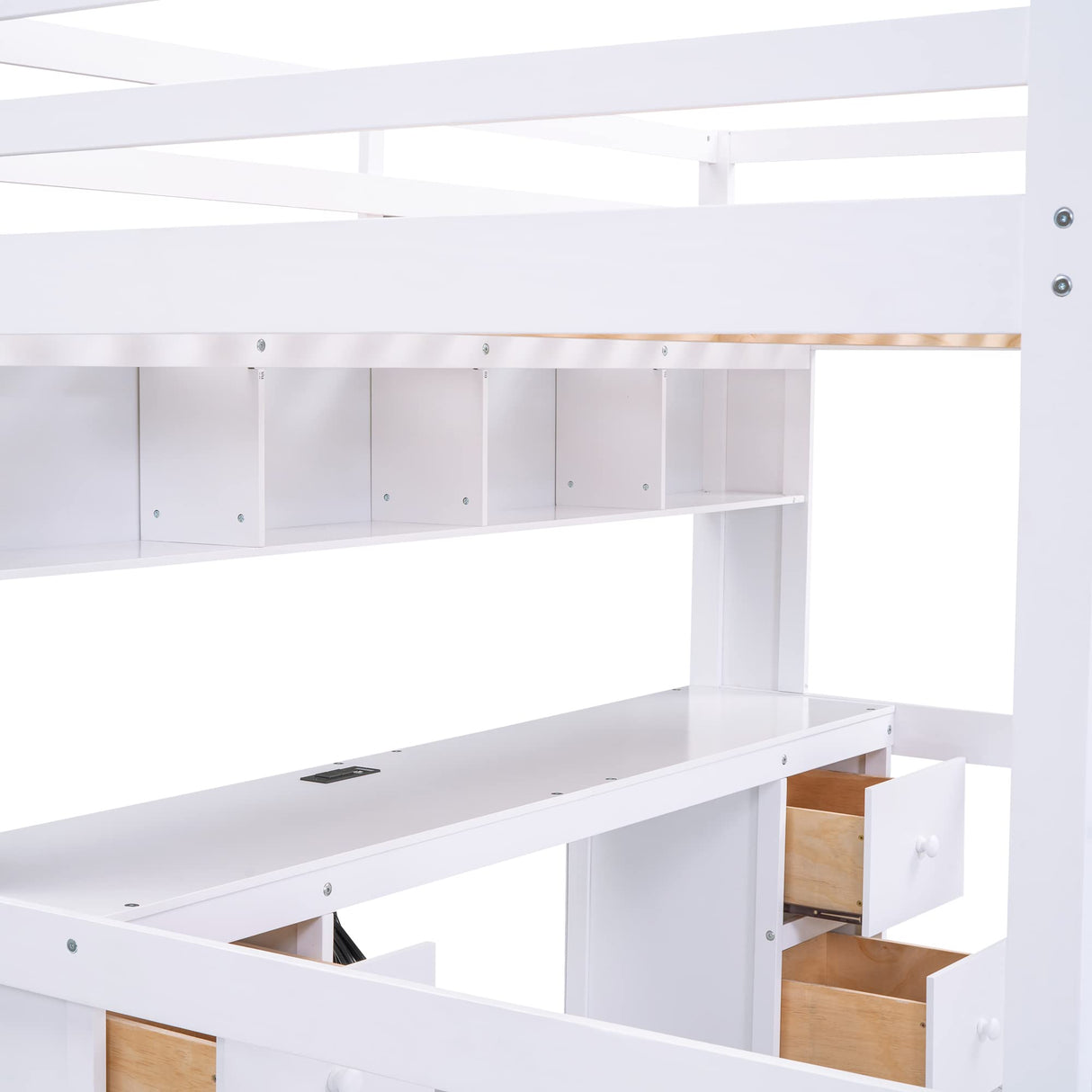 Merax Full Size White Loft Bed with Desk, Storage Cabinets, and Charging Station Merax