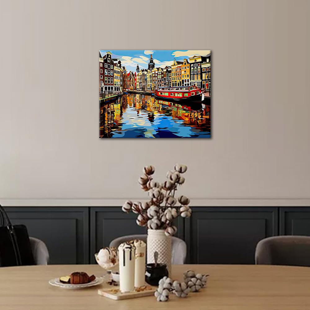 Paint by Numbers Kit for Adults Amsterdam Canal Houses Landscape Painting with Spring Trees DIY Art Set Includes 16x20 Inch Canvas Acrylic Paints and Brushes European Cityscape Gift Idea TUMOVO