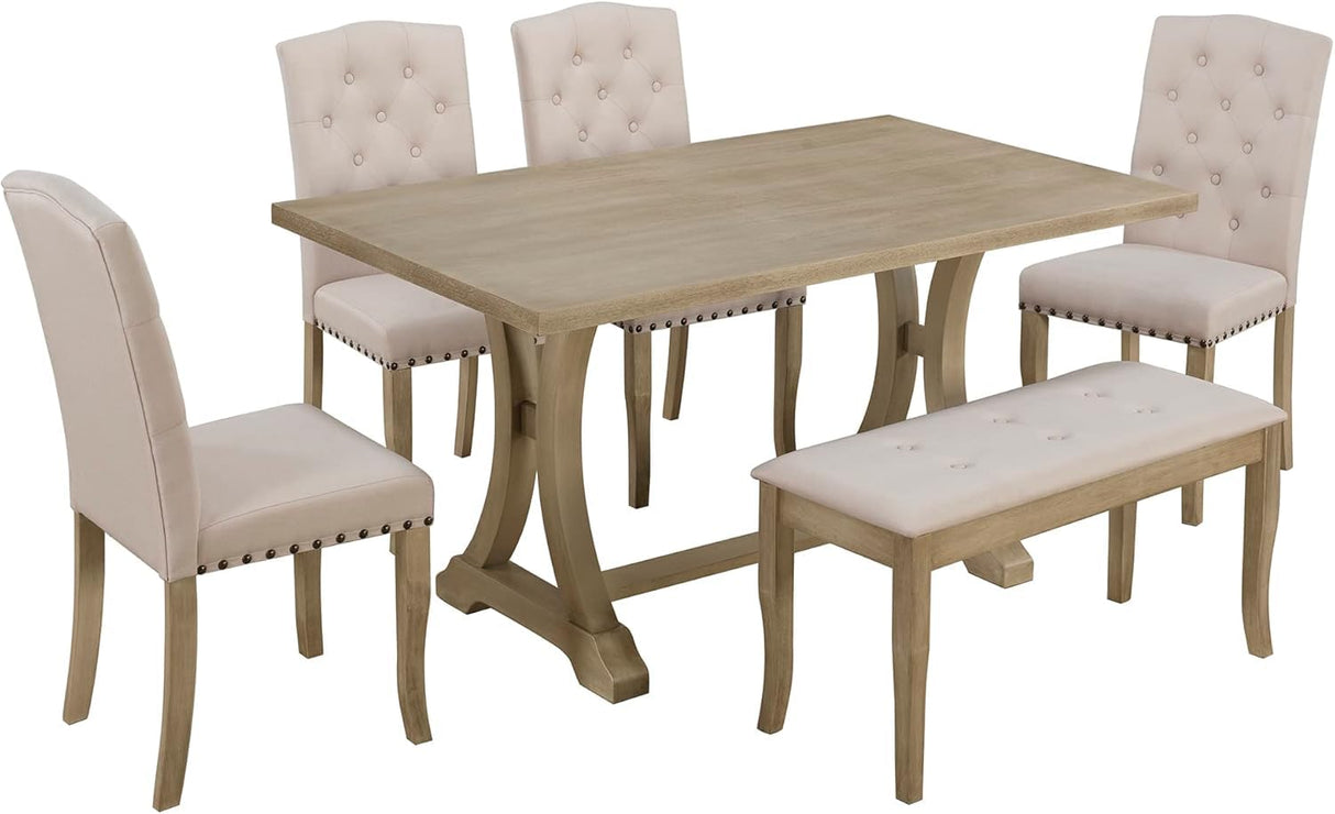 Farmhouse Dining Table Set for 6, Kitchen Table Set with Chairs and Bench, 6 Piece Solid Wood Dining Room Set with Trestle Table Legs for Kitchen, Dining Room (Natural Wood Wash) Mirightone