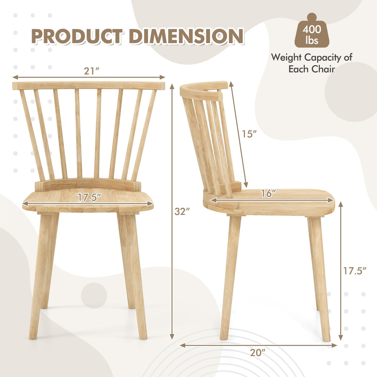 Giantex Wood Dining Chairs Set of 2, Windsor Dining Chairs, American Country Kitchen Chairs w/Rubber Wood Frame & High Spindle Back, Farmhouse Armless Side Chairs for Home Living Room, Natural Giantex