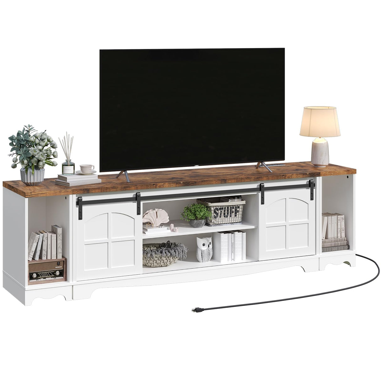 MAHANCRIS Modern Farmhouse 3 in 1 TV Stand for up to 85" TVs, 78'' Entertainment Center with Charging Station and Open Storage, 4 AC Outlets,for Living Room, Bedroom, White and Rustic Brown TVBR20E01 MAHANCRIS