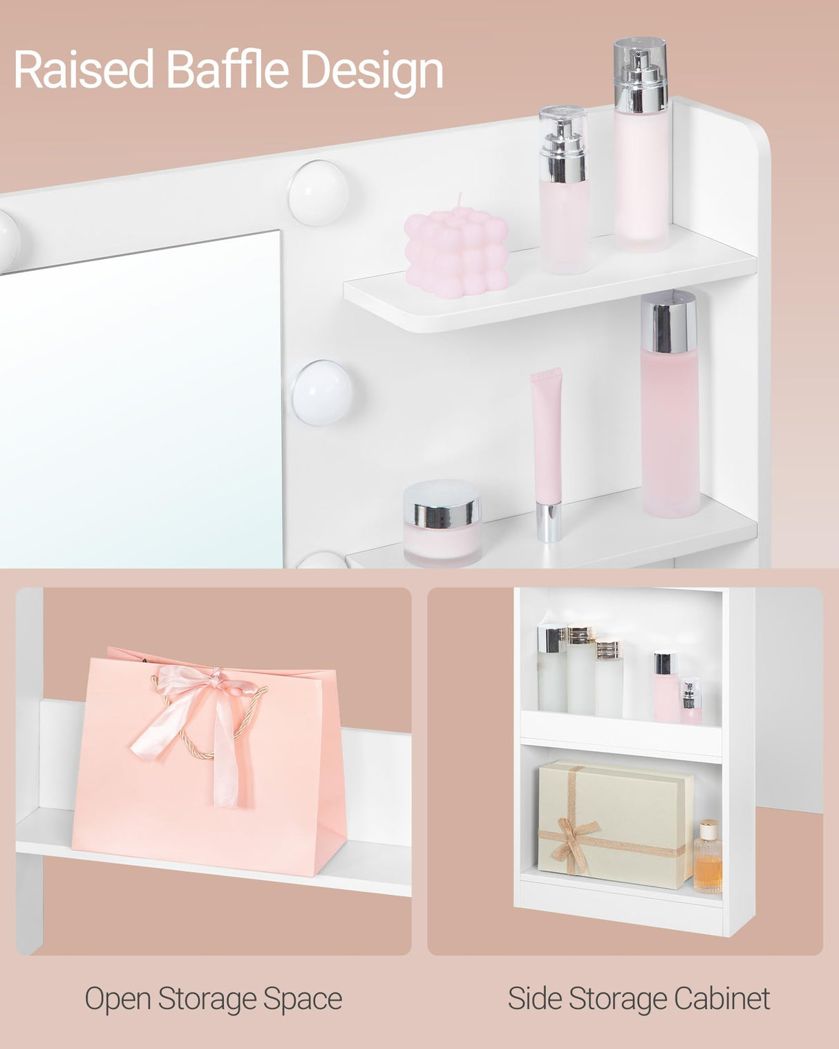 HILINSIE Vanity Desk with Large HD Mirror, Makeup Vanity with Led Lights, Dressing Table with Power Strip, 6 Storage Shelves, 5 Drawers and Side Open Storage, Simple, White HILINSIE