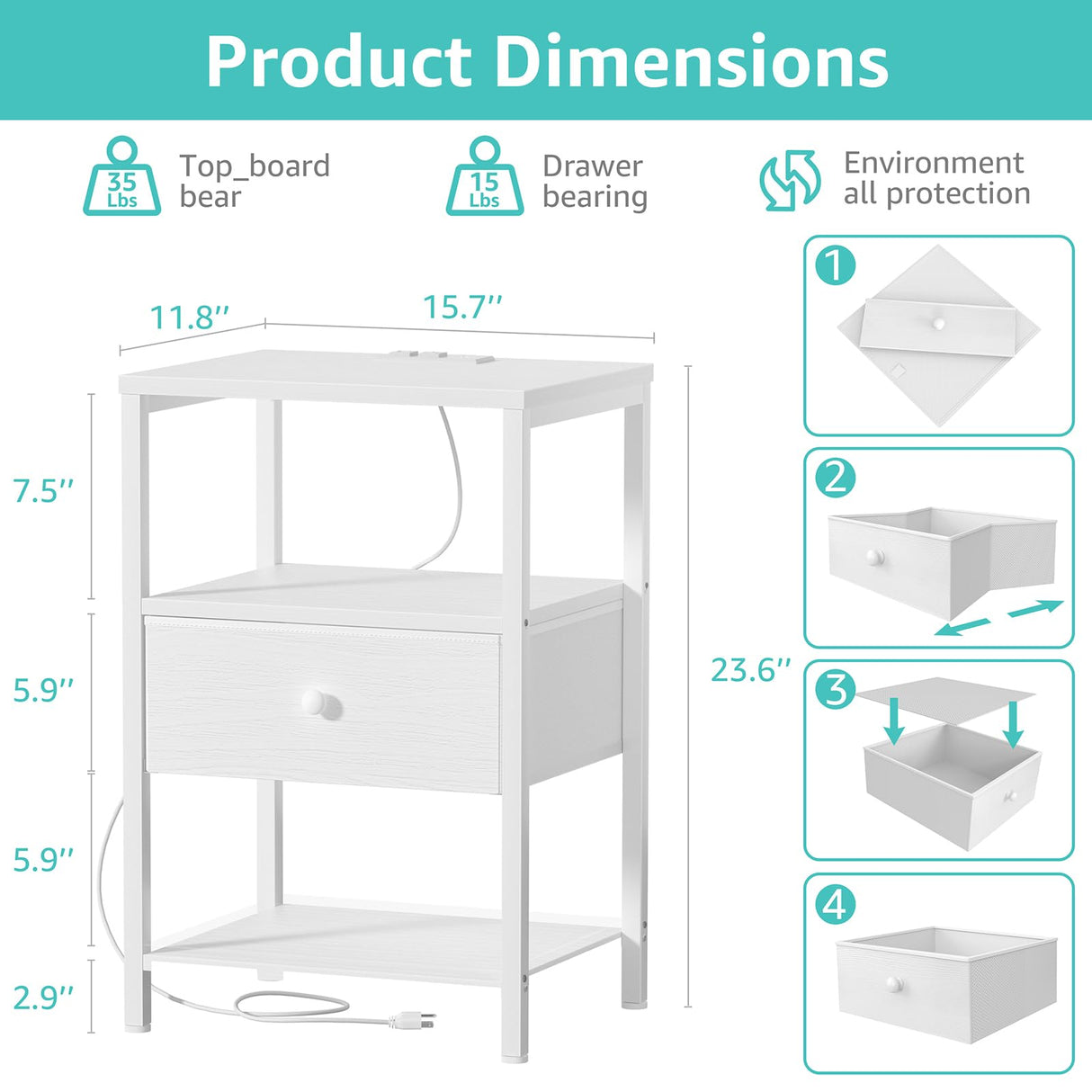 BOLUO White Nightstand with Charging Station, LED Night Stand with Fabric Drawers and Shelf, Bedside Table with USB Ports and Outlets, Bedroom Nightstand Modern BOLUO