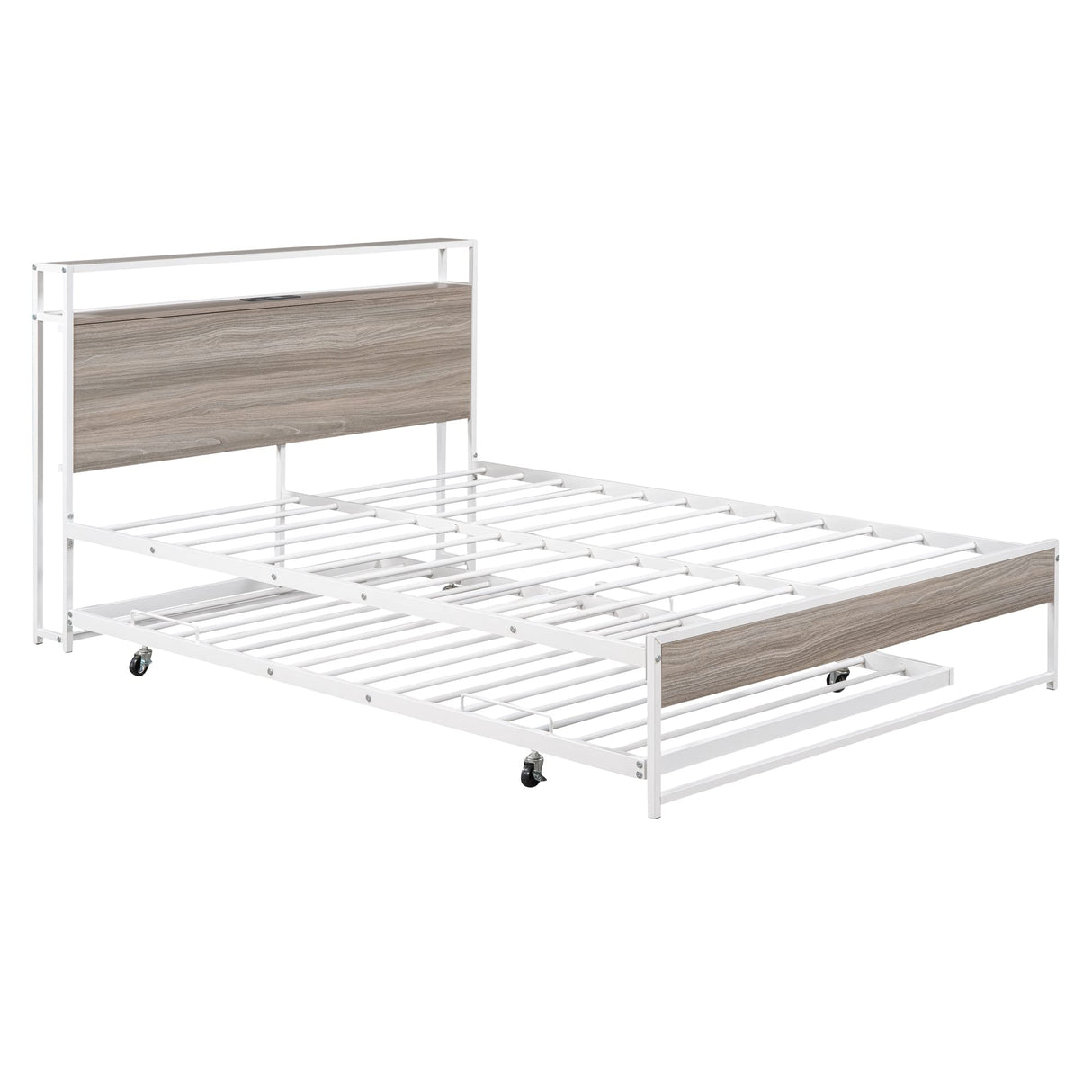 Harper & Bright Designs Full Platform Bed with Twin Size Trundle, USB Ports and Steel Slat Support, Metal Full Size Bed Frame with Storage Headboard for Bedroom/No Box Spring Needed (White) Harper & Bright Designs