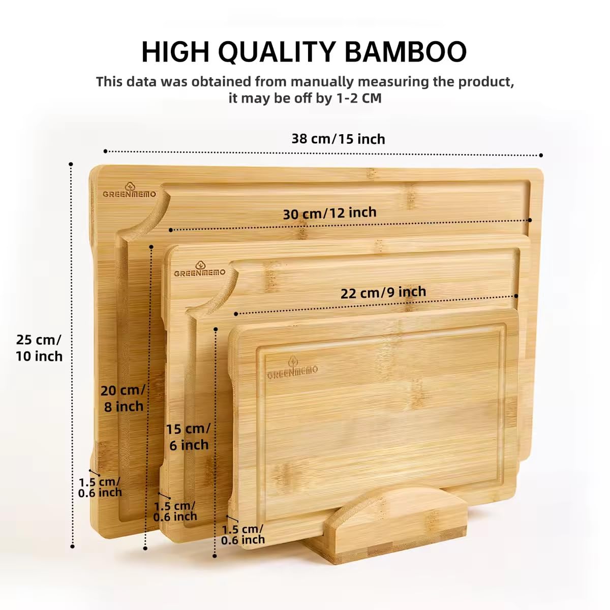 Bamboo Cutting Boards for Kitchen, Wood Cutting Board with Holder, Bamboo Cutting Board Set Reversible with Juice Grooves for Meat Cheese Fruit and Vegetables (Four Piece Set) Greenmemo