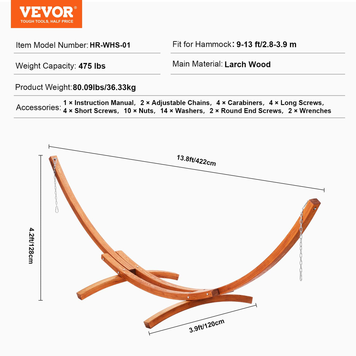 VEVOR Wooden Hammock Stand, 475 lbs Capacity Universal 2 Person Hammock Frame Fits 9-13 ft Hammocks, Larch Wood Arc Adjustable Stand for Hammock with Chain and Carabiner, for Outdoor and Indoor VEVOR