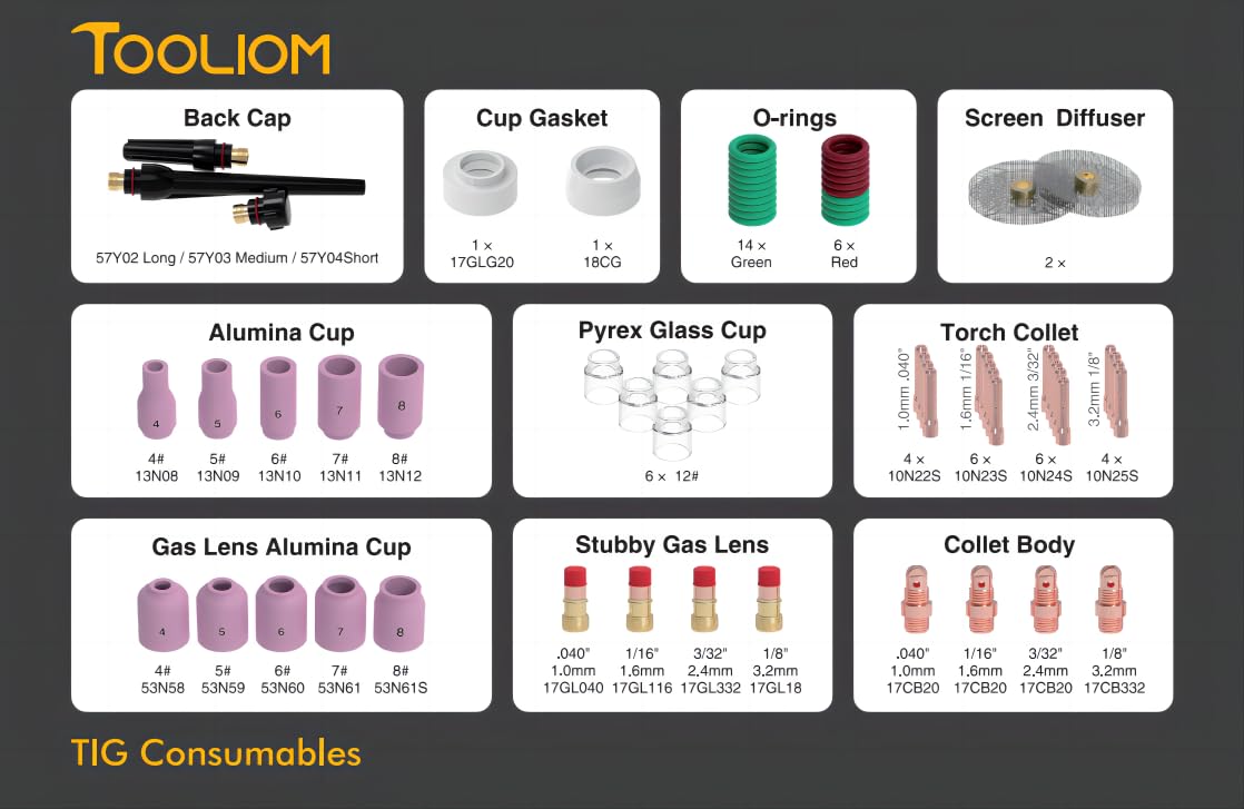 TOOLIOM 71Pcs TIG Welding Torch Accessories Kit Stubby Gas Lens Glass Cup Ceramic Cup Back Cap Kit for WP-17/18/26 TOOLIOM