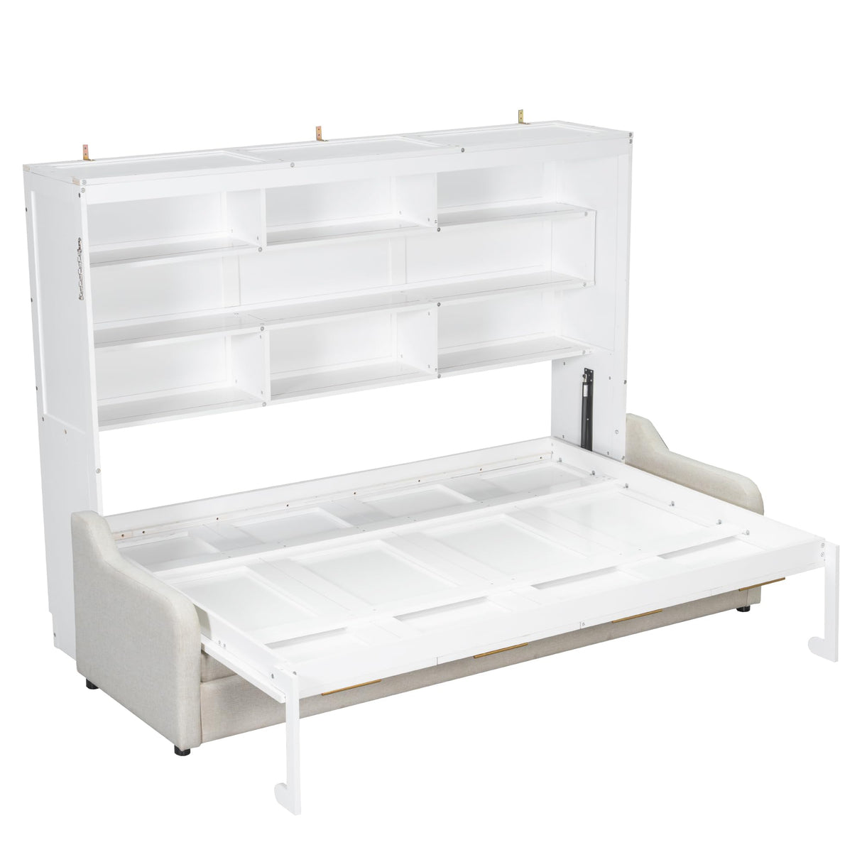 Murphy Cabinet Bed Queen Size with LED Light and Storage Shelves,Sturdy Wood Bed with Folding Sofa,Space Saving,Easy to Assemble,for Living Room &Apartments,Beige JIJIWANG