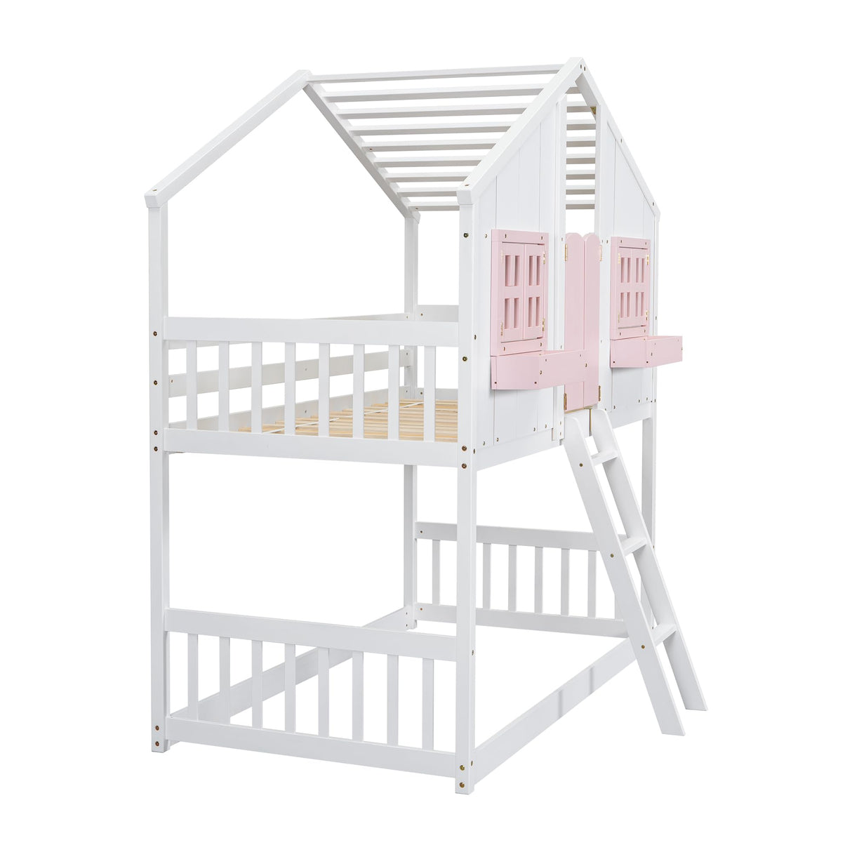 Bellemave Twin Over Twin House Bunk Bed, Wood Bunk Beds with Roof, Windows, Window Box and Small Door, Floor Bunk Beds with Ladder and Guard Rails for Kids (Pink+White) Bellemave