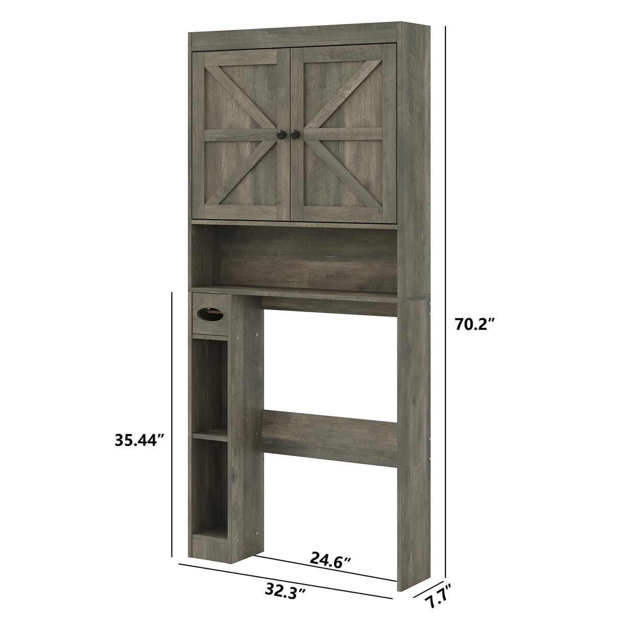 furomate 32.3''W Over The Toilet Storage Cabinet with Barn Doors, Over Toilet Shelf Farmhouse Storage Cabinet Space Saver with Toilet Paper Holder & Adjustable Bottom Bar, Gray Furnideco
