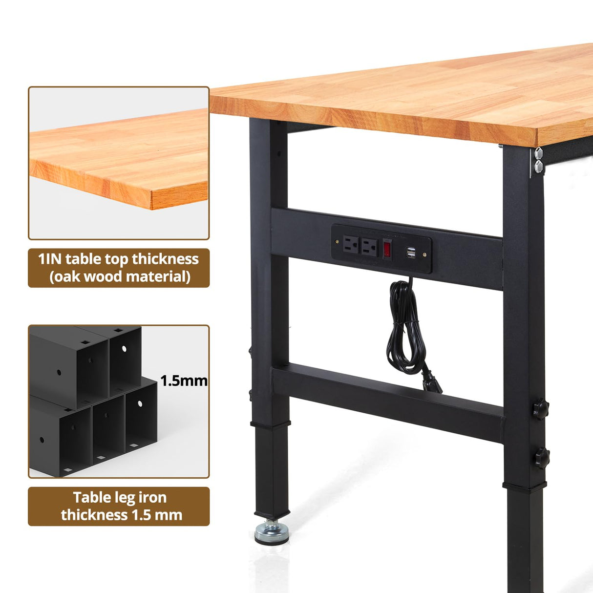 48" Adjustable Workbench, Rubber Wood Top Heavy-Duty Workstation, 2000 LBS Load Capacity Hardwood Worktable with Power Outlets for Garage, Workshop, Office, Home HONRISE