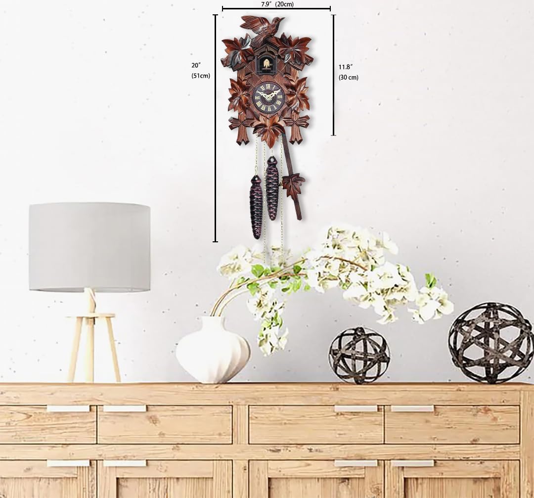 Pobking Engstler Quartz Cuckoo Clock 5-Leaves, with Singing Bird,Night Mode and Swinging Pendulum, Quartz Cuckoo Clock for Wall, Walnut Pobking