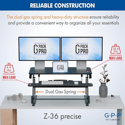 G-PACK PRO 36″ Wide Standing Desk Converter – Sit-to-Stand Workstation for Dual Monitors, Height Adjustable Up to 17.3″ with Large Keyboard Tray – Black G-PACK PRO