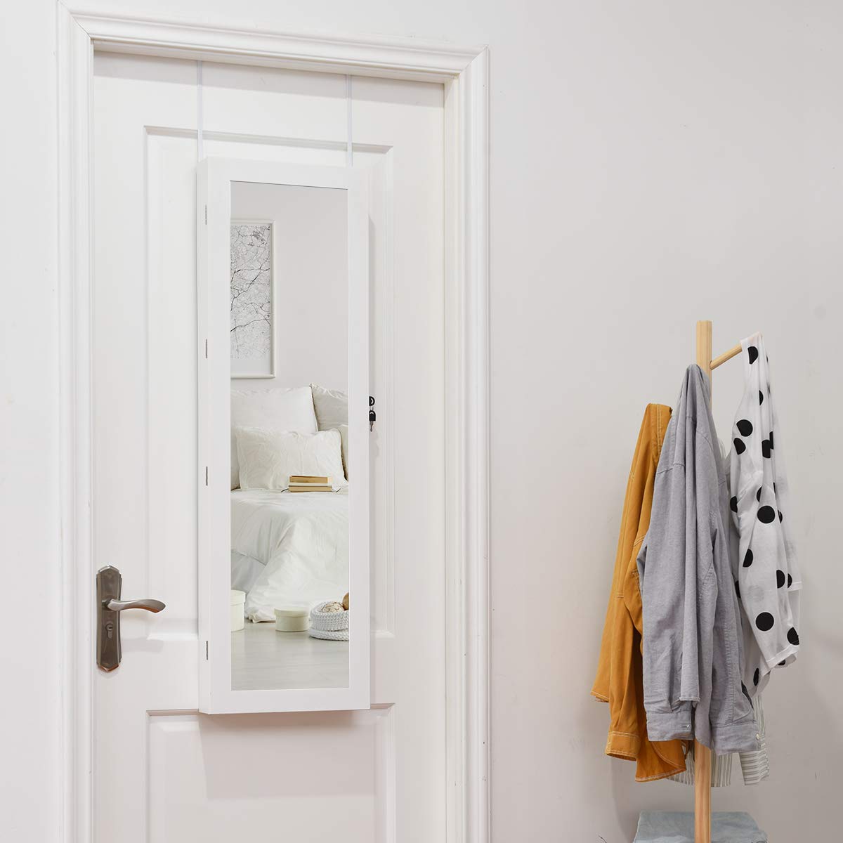 Giantex 15 LEDs Jewelry Armoire, Wall Mounted or Door Hanging, Lockable Jewelry Cabinet with Full Length Mirror, Large Storage Jewelry Organizer Box Armoire for Girls Women (14.5"W x 3.5"D x 47.5"H) Giantex