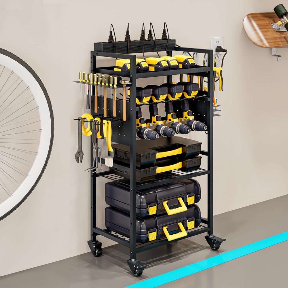 INGIORDAR Large Power Tool Organizer Cart with Charging Station, Garage Floor Standing Rolling Drill and Tools Battery Storage Cart on Wheels, Heavy Duty Utility Rack Shelf for Men, Husband, Father. INGIORDAR
