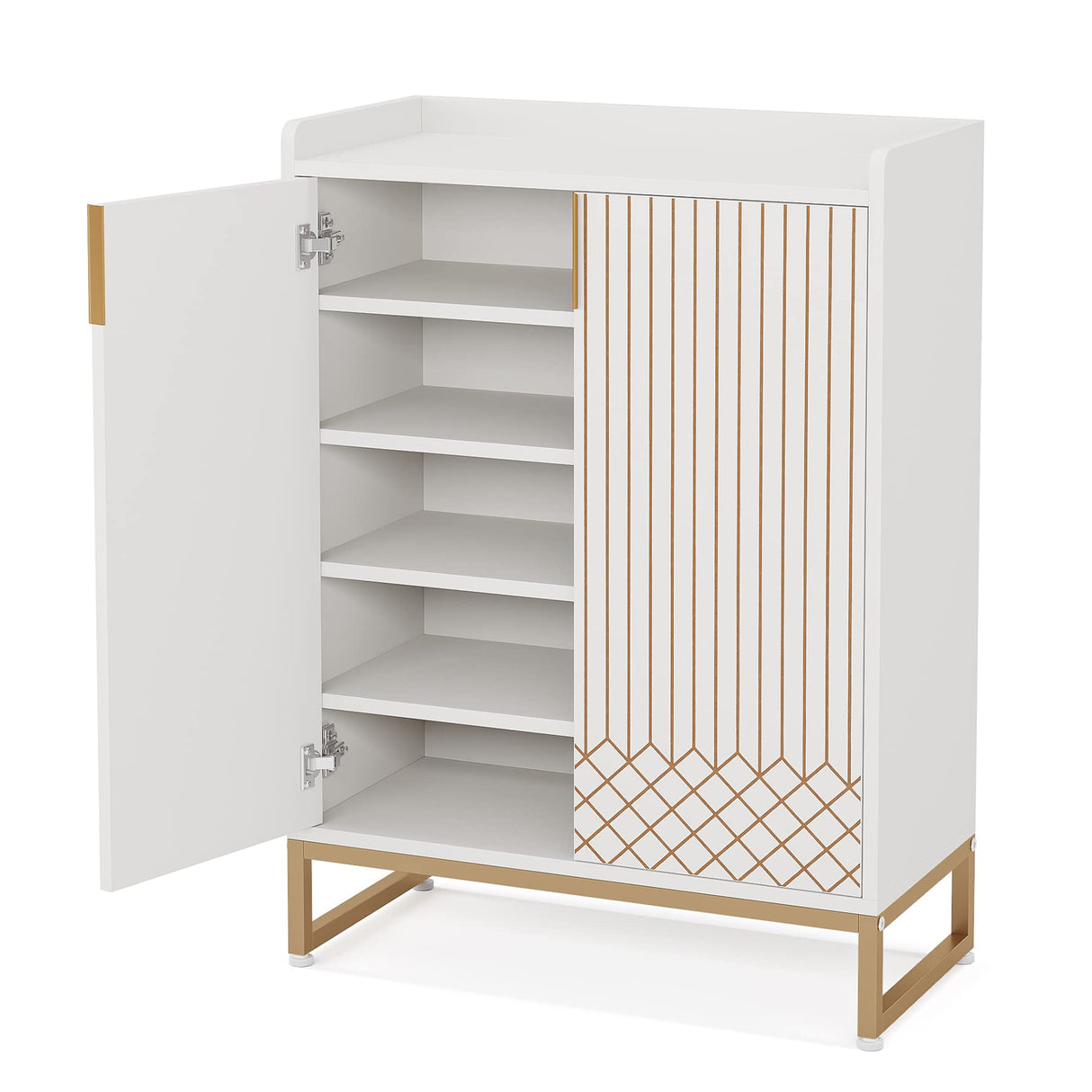 Tribesigns White, 25 Pair Shoe Cabinets with Doors, 5-Tier Modern Shoe Rack Organizer Cabinet, Freestanding Wood Storage Cabinet with Gold Metal Frame for Bedroom Hallway Living Room Tribesigns
