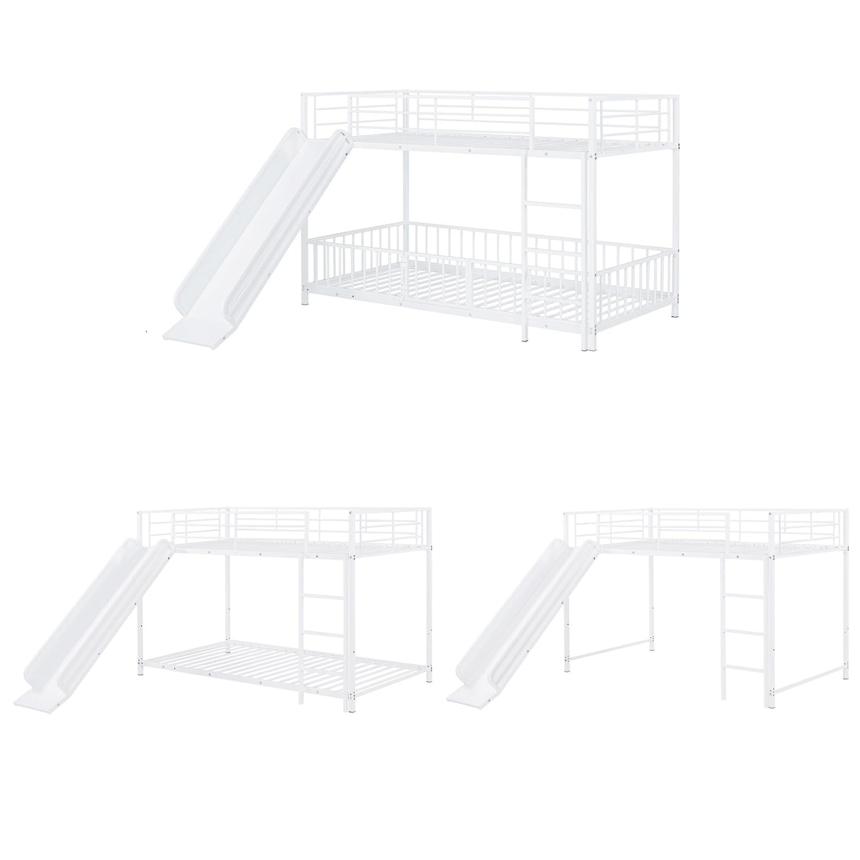 Bellemave Twin Over Twin Bunk Bed with Slide and Ladder, Metal Bunk Bed for Kids, Girls, Boys, Removable Fence, Low Bunk Bed with Slide, with Door, White Bellemave