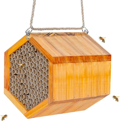Mason Bee House - Handmade Natural Wooden Bee Hive Coated with Wax for Water-Proof and Long Service Life - Attracts Peaceful Bee Pollinators to Your Garden,Carpenter Bee Houses for Garden